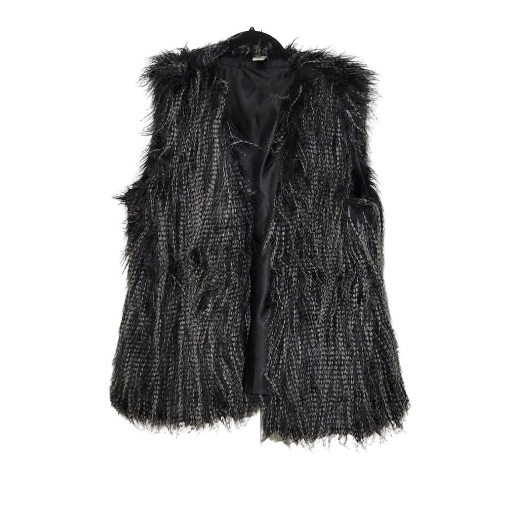 Belle Bird Black & Gray Fuzzy Sleeveless Open Front Vest Women's Size Large 1216